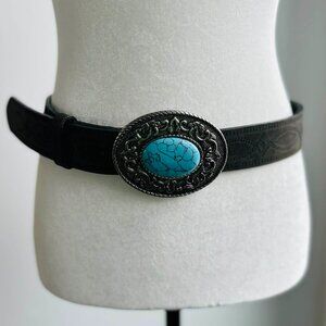 Vintage Aldo Espresso Leather Western Belt with Turquoise Stone Buckle – US M